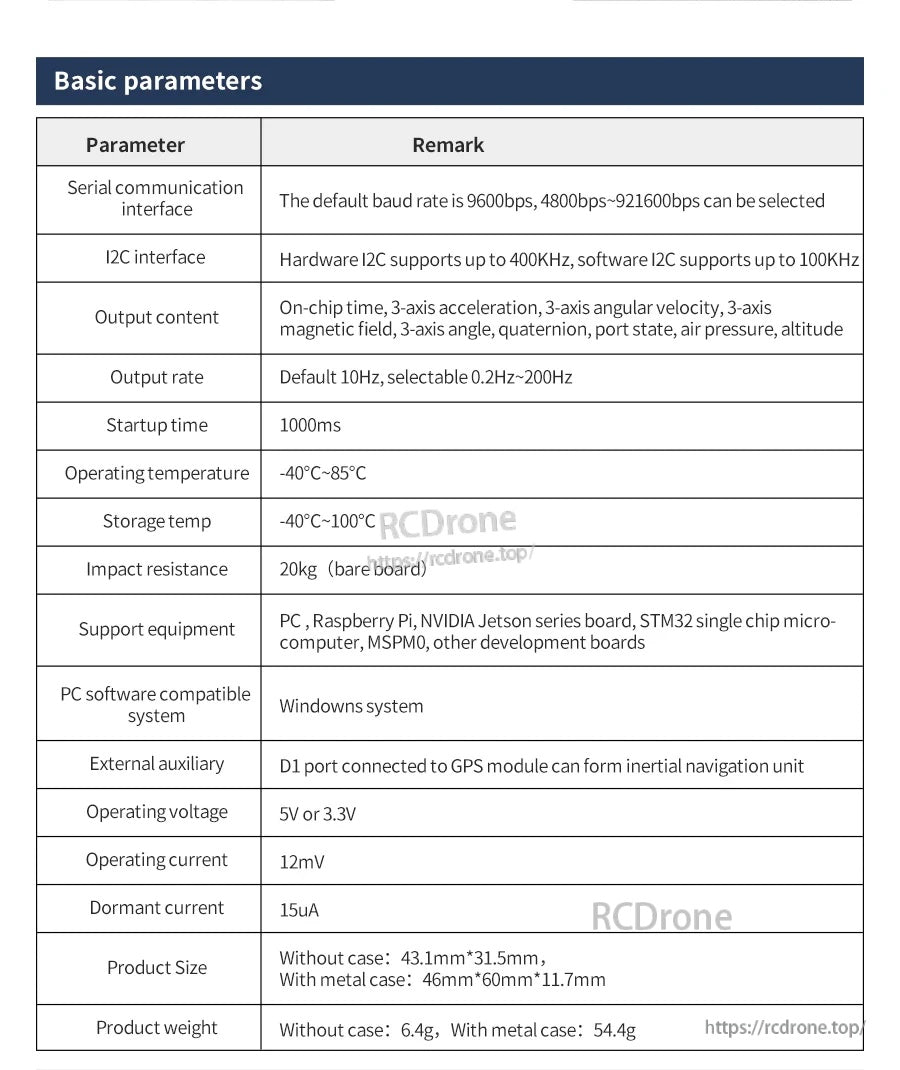 Basic parameters table for Yahboom CMP10A 10-axis IMU sensor with I2C (up to 400kHz), voltage, and size specs