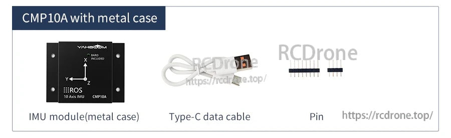 Yahboom CMP10A 10-axis IMU sensor module in metal case with USB-C data cable and pin headers