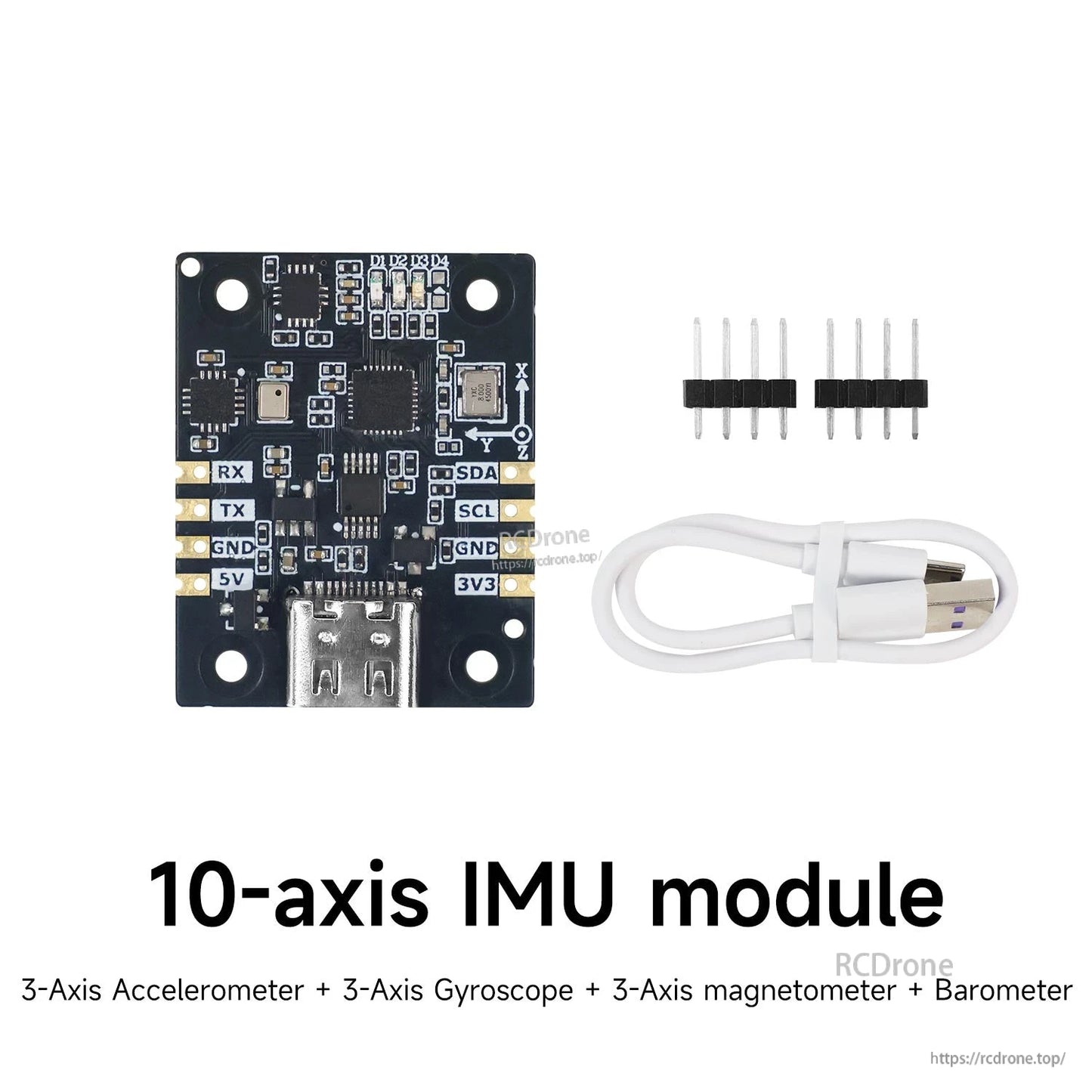 Yahboom IMU Sensor 10-axis module set overview with cable and pin headers, labeled magnetometer + barometer