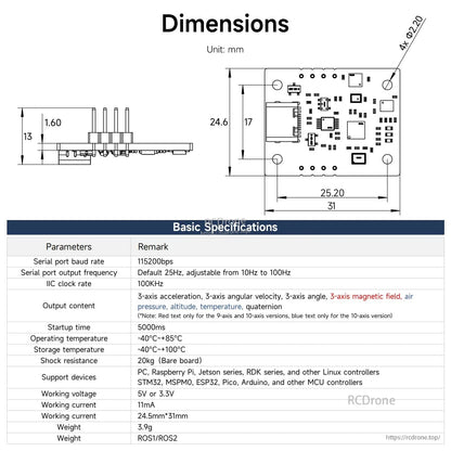 IMU module dimensions drawing and basic specifications table (baud rate, voltage, current, weight)