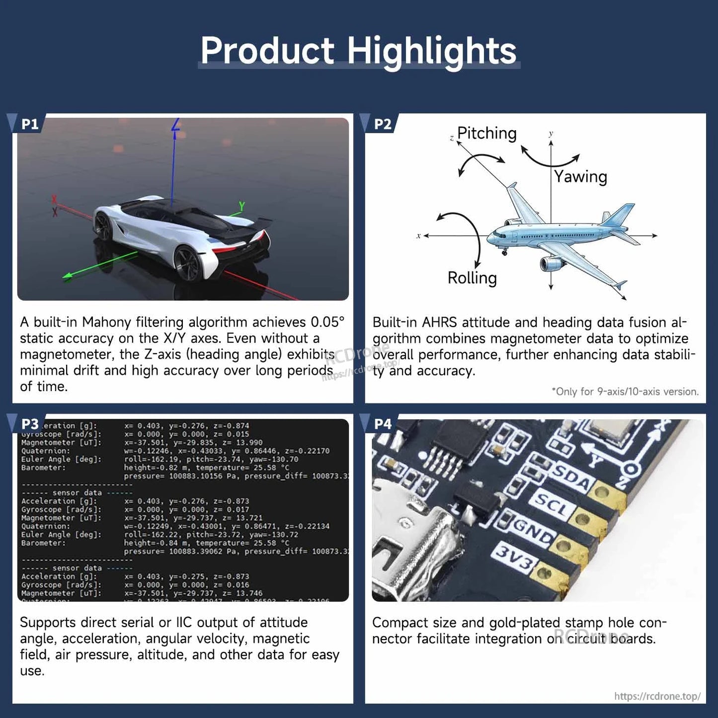 Product highlights graphic showing AHRS outputs and use cases with connector close-up on the IMU board