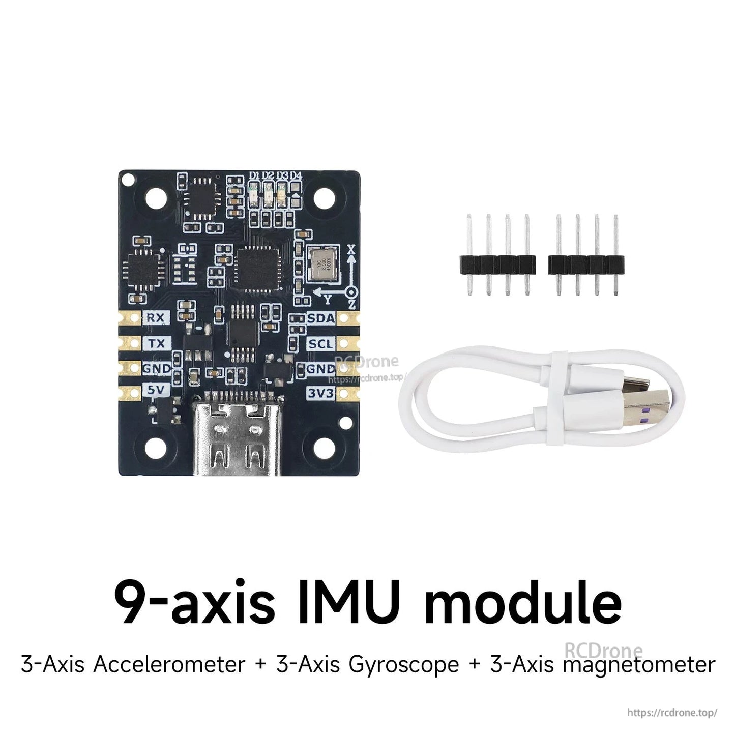 9-axis IMU module set overview with cable and pin headers, labeled accelerometer, gyroscope, and magnetometer