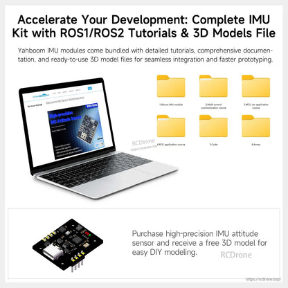 ROS1/ROS2 tutorials and downloadable 3D model files shown on laptop screen for IMU development kit