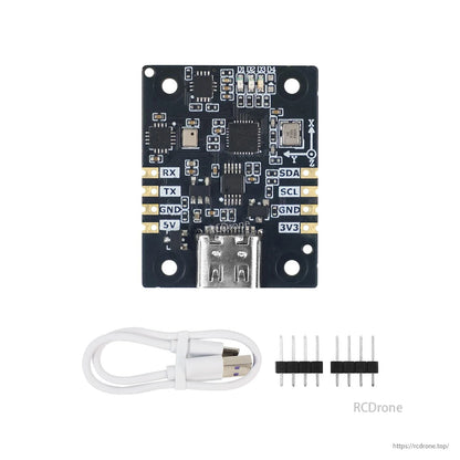 IMU board top view with USB Type-C connector and labeled pads (RX, TX, GND, 5V, SDA, SCL, 3V3)