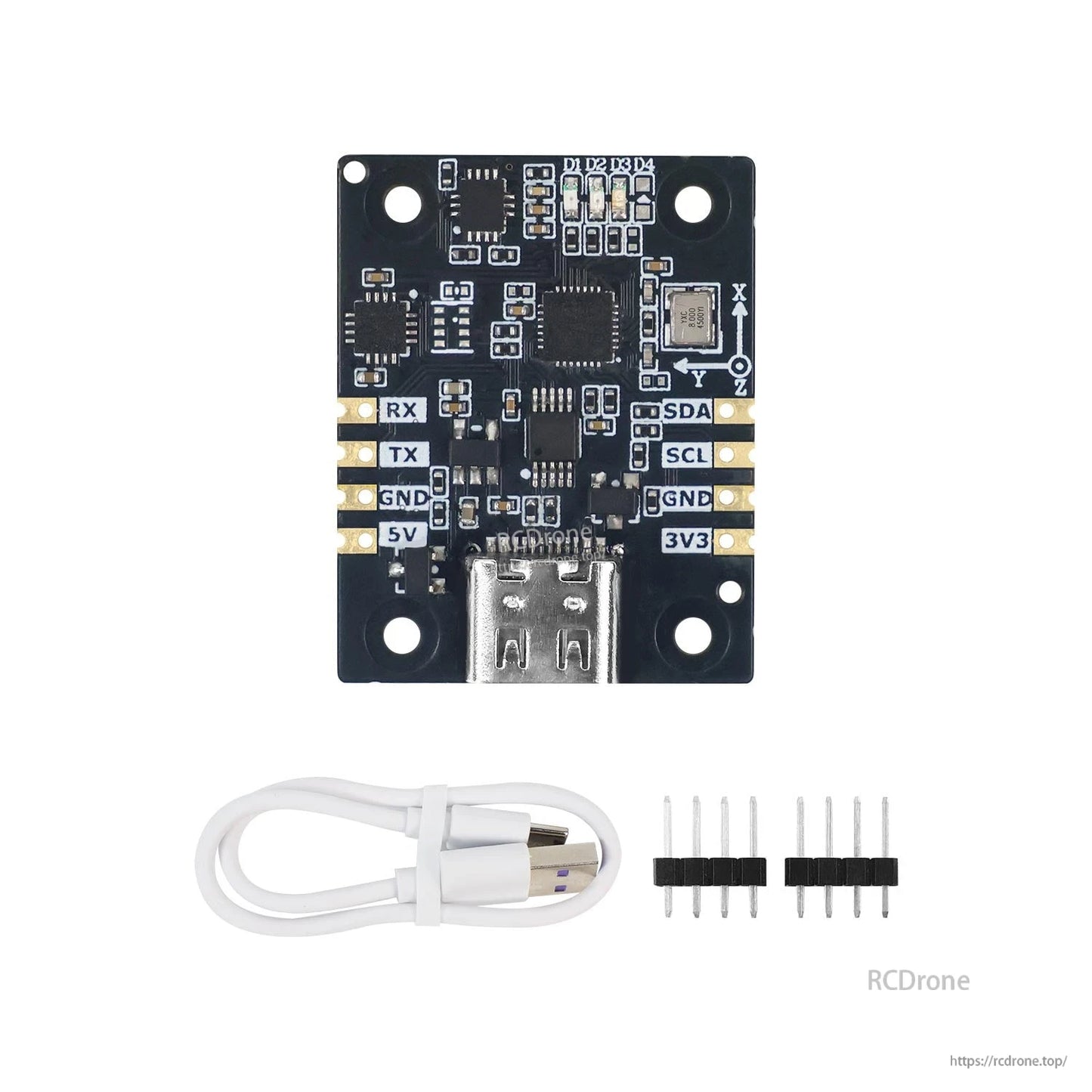 Included accessories shown with IMU module: USB Type-C cable and two male pin headers on white background