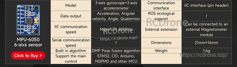 MPU-6050 6-axis IMU module specification table with I2C speed, outputs, size, and weight
