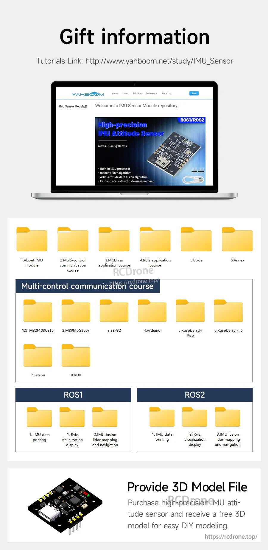 Gift information slide with tutorial link, ROS1/ROS2 folders, and 3D model file availability