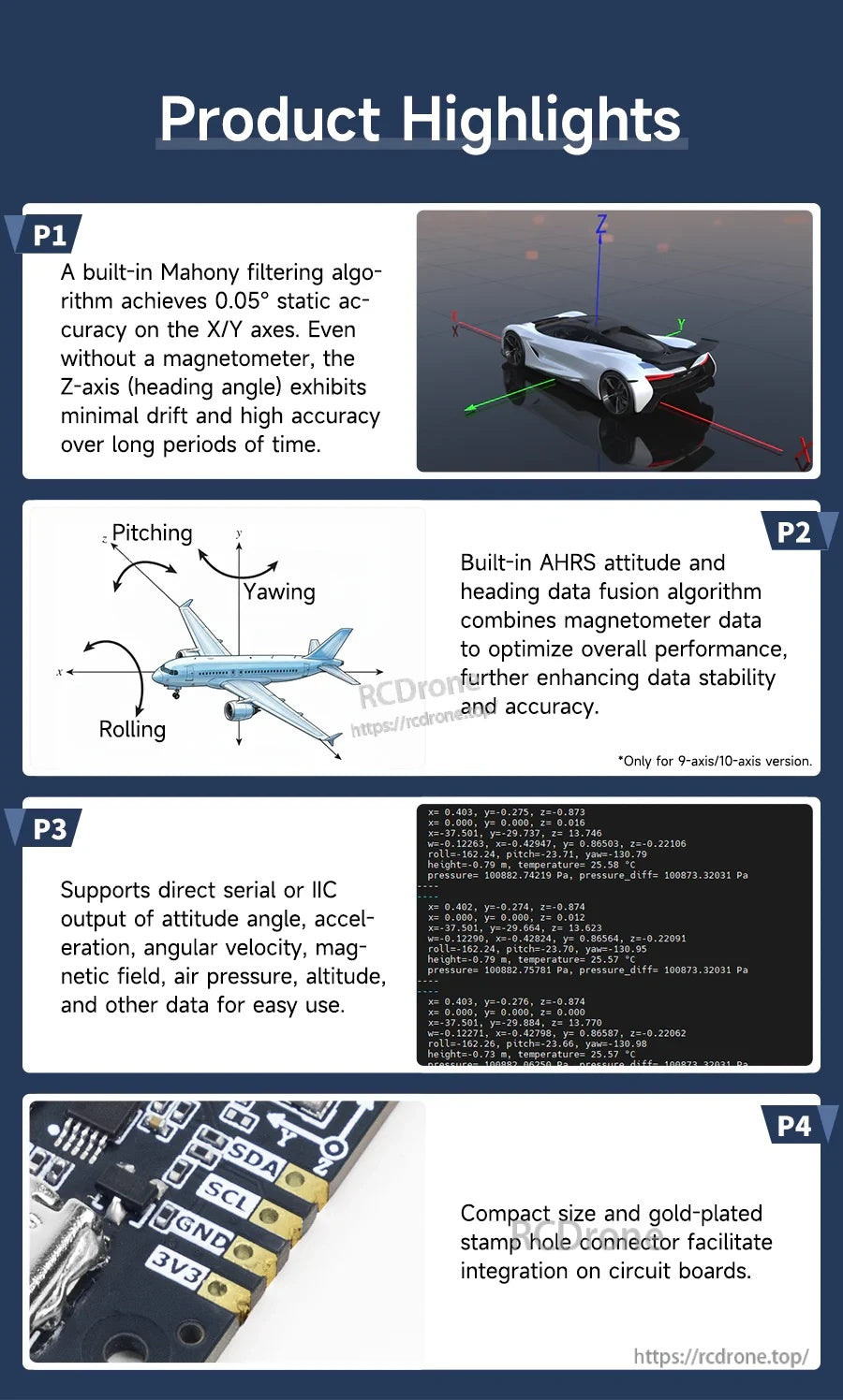 Yahboom IMU sensor product highlights showing AHRS attitude/heading features and I2C SDA/SCL connector pads
