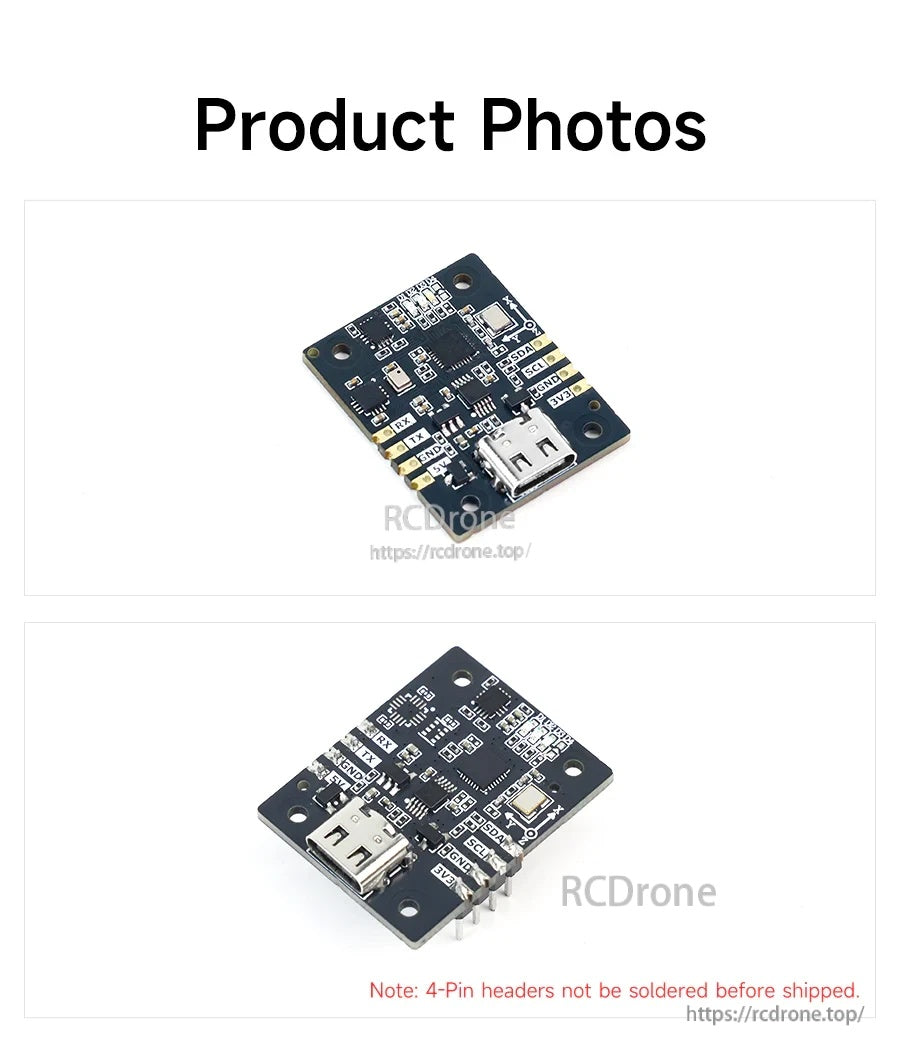 Yahboom IMU sensor breakout board with micro USB port and 4-pin header pads, shown front and back views