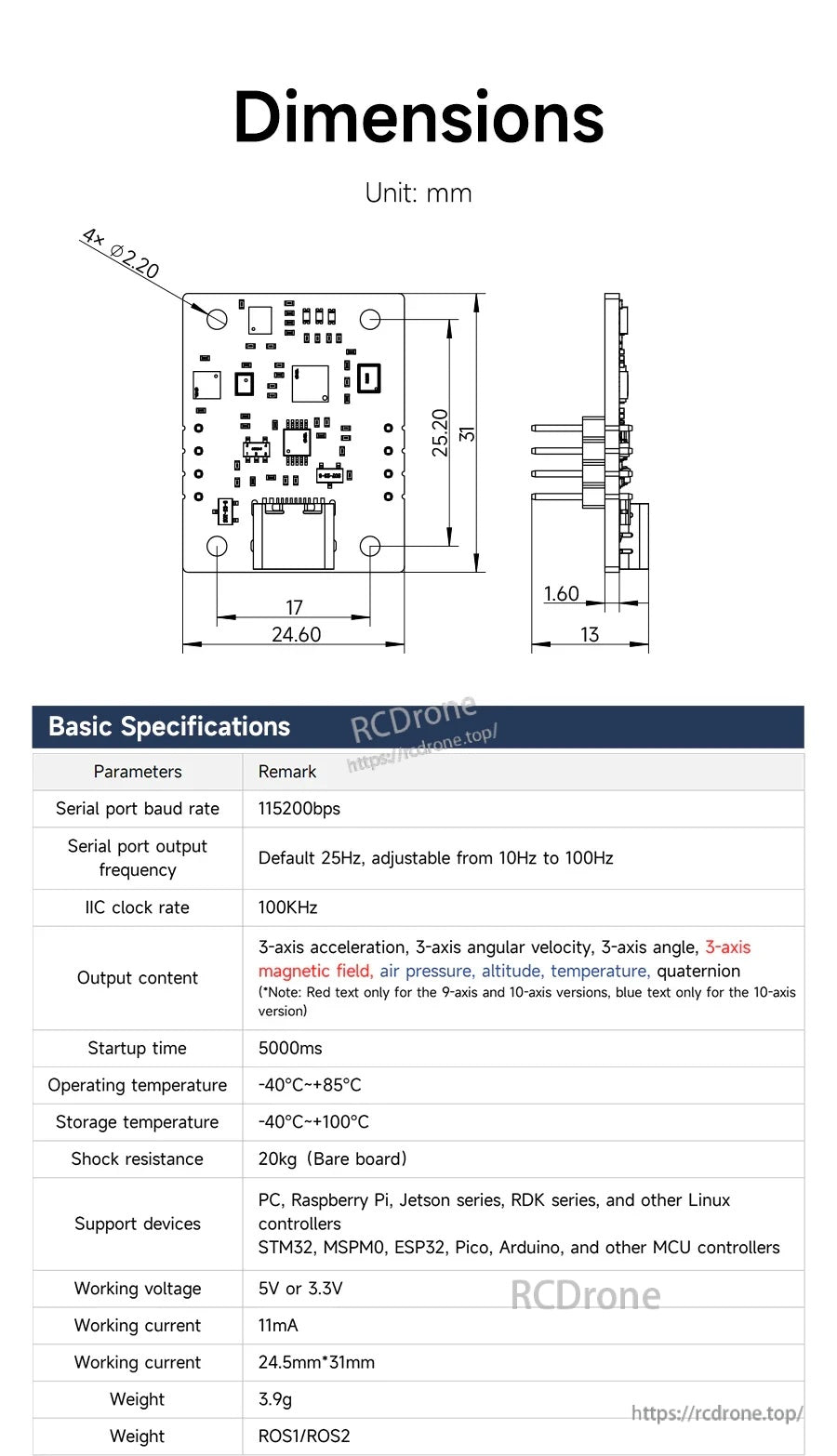 Yahboom IMU sensor module dimensions diagram with key specs including UART 115200bps, I2C 400kHz, and 3.3V power