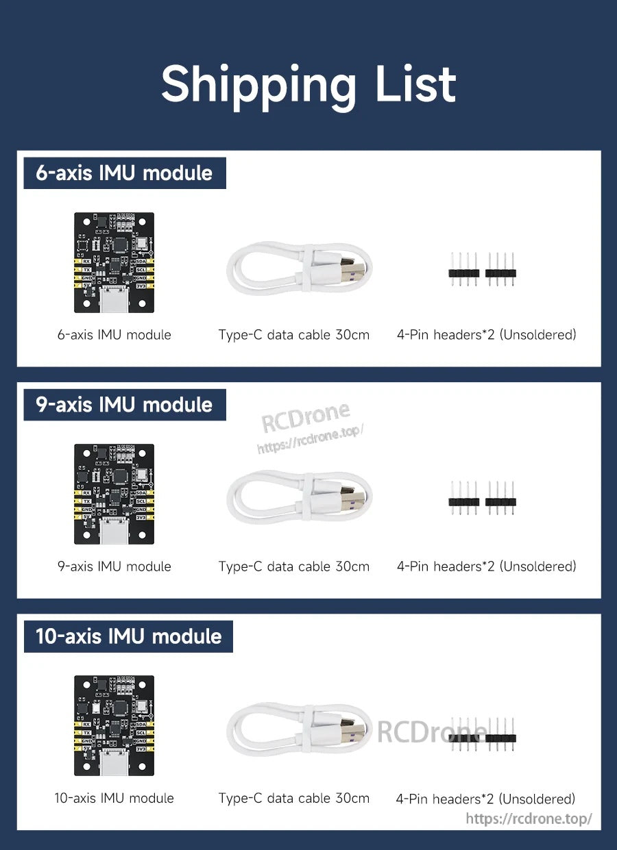 Shipping list for Yahboom IMU sensor modules (6-, 9-, or 10-axis) with 30cm USB-C cable and unsoldered 4-pin headers