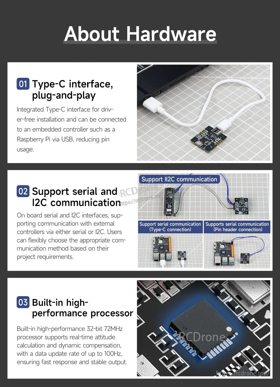 Yahboom IMU sensor module board with USB-C port, I2C and serial communication options, and onboard processor