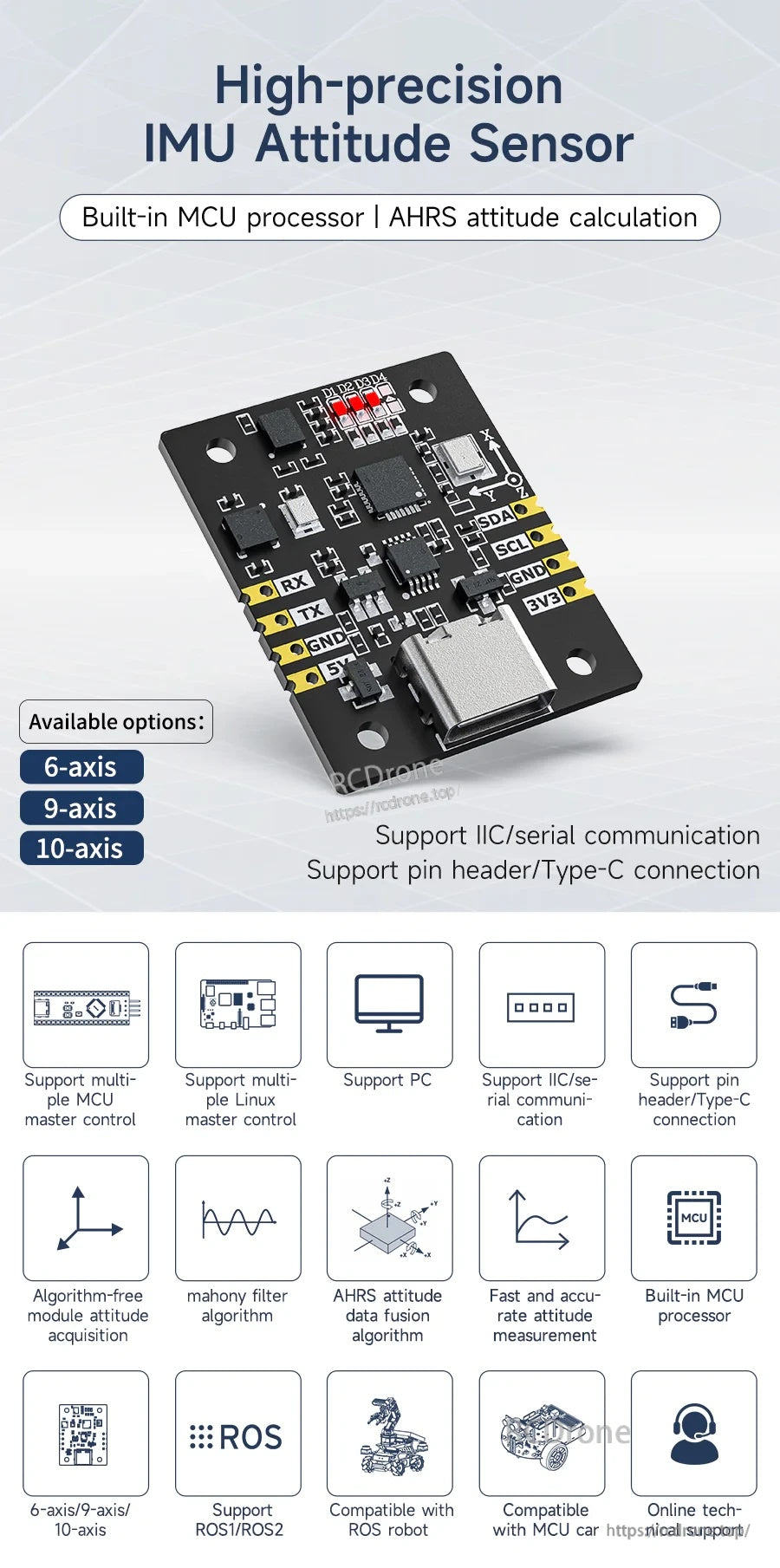 High-precision IMU attitude sensor board with Type-C connector and I2C/serial communication icons