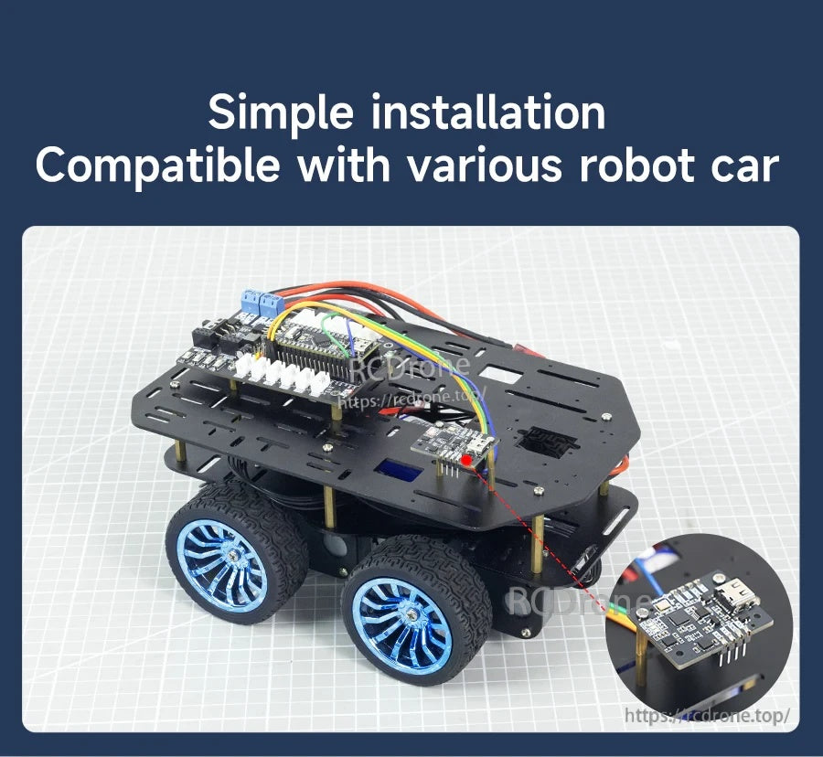 Yahboom IMU sensor module installed on a robot car chassis with wired controller board for simple mounting