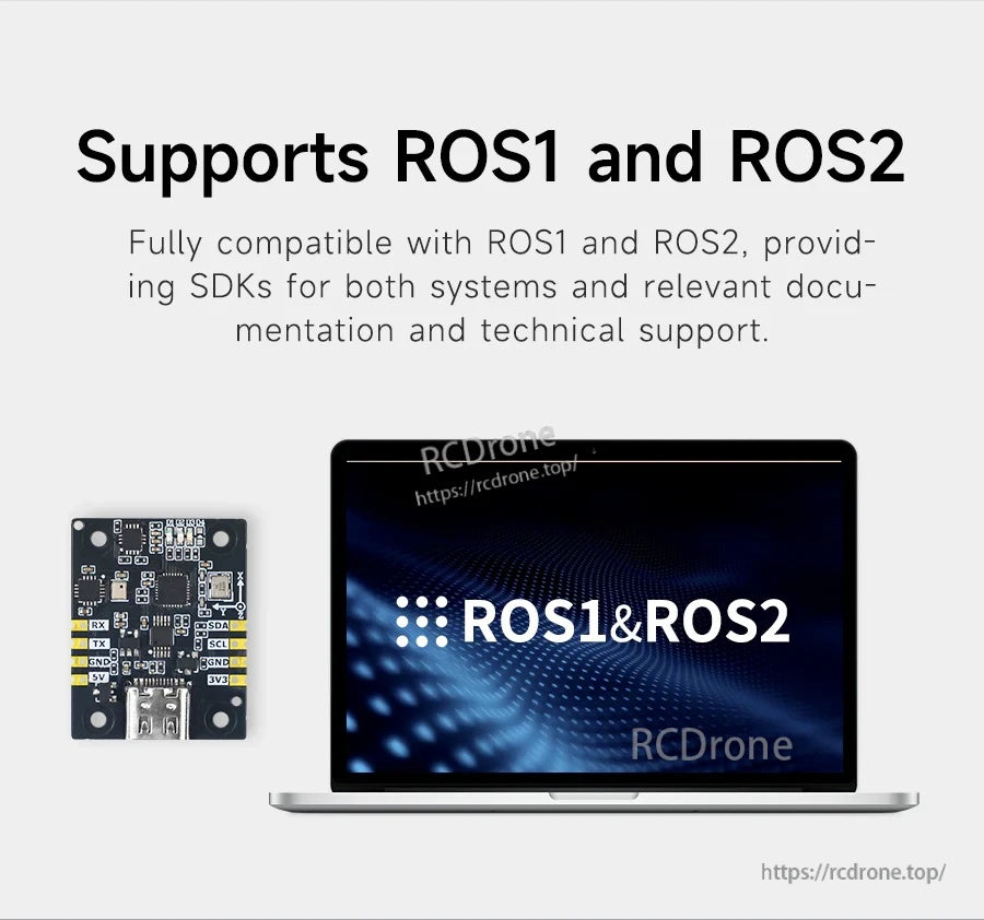 Yahboom IMU sensor breakout board with USB connector and pin labels, with ROS1 & ROS2 compatibility graphic
