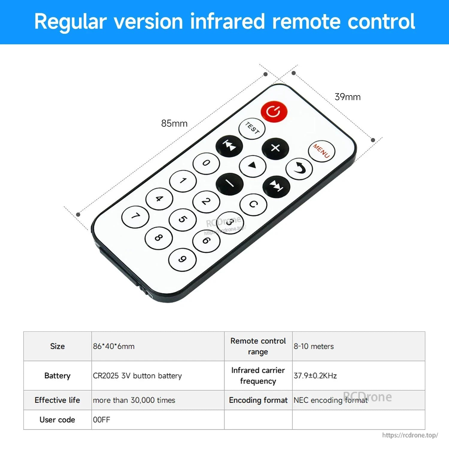 Yahboom infrared remote controller with 0–9 keypad and function buttons, 85 x 39 mm, CR2025 battery