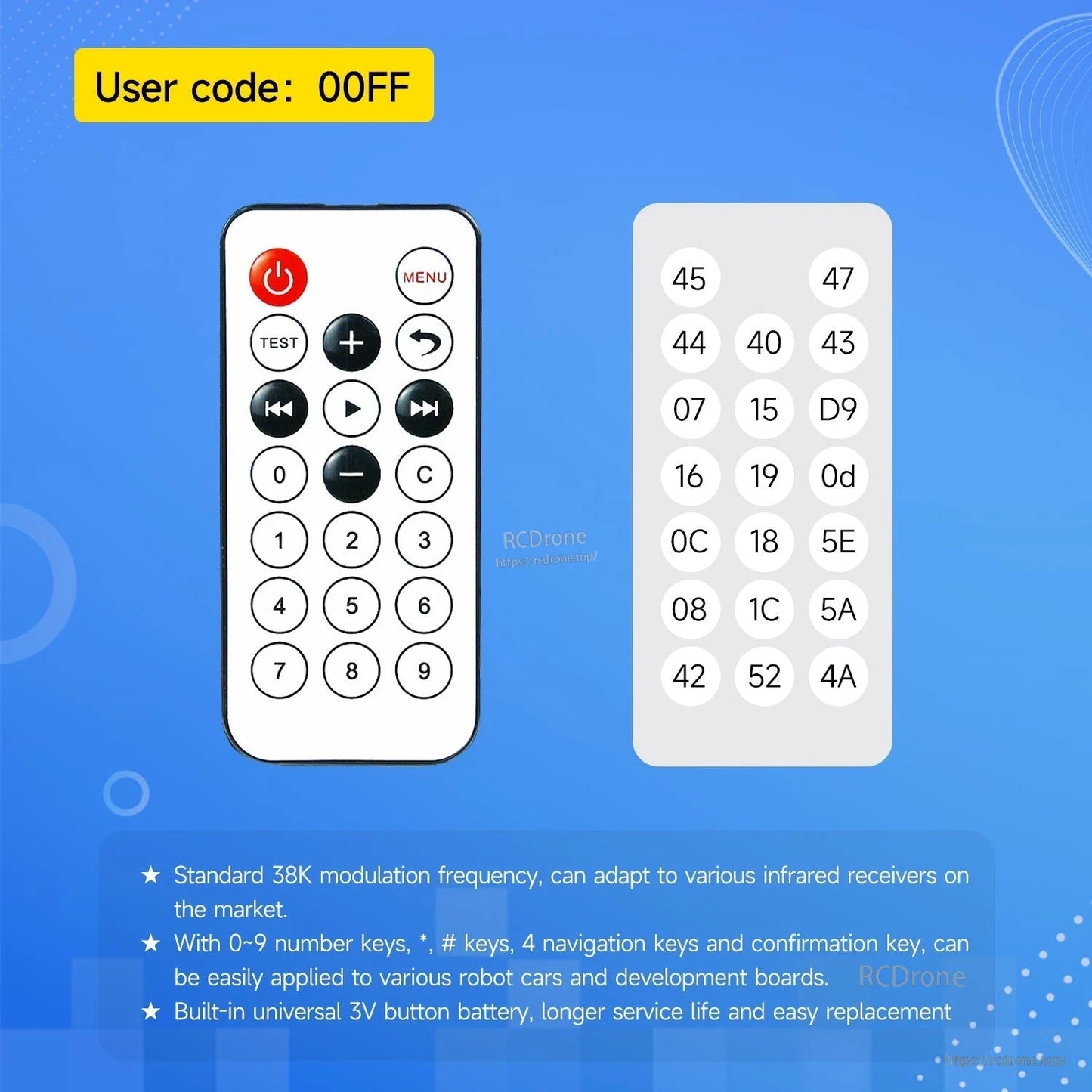 Yahboom infrared remote controller with numeric keypad, navigation buttons, and user code 00FF displayed