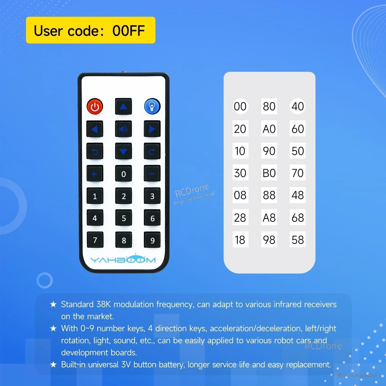 Yahboom infrared remote controller with numeric keypad, direction buttons, and IR code table (user code 00FF)