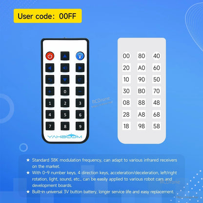 Yahboom infrared remote controller with numeric keypad, direction buttons, and IR code table (user code 00FF)