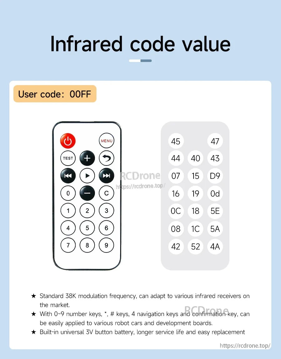 Regular version IR remote key code values chart (NEC format), user code 00FF