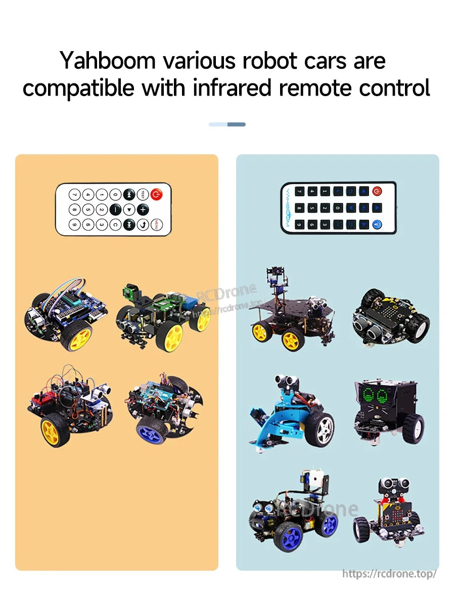 Compatible Yahboom robot car kits that can be controlled with the infrared remote