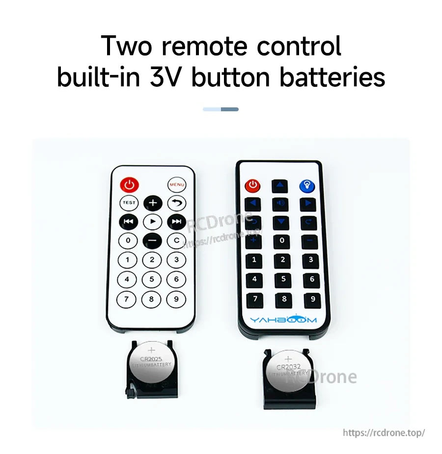 Regular and advanced remotes with removable 3V coin cell batteries (CR2025 and CR2032)