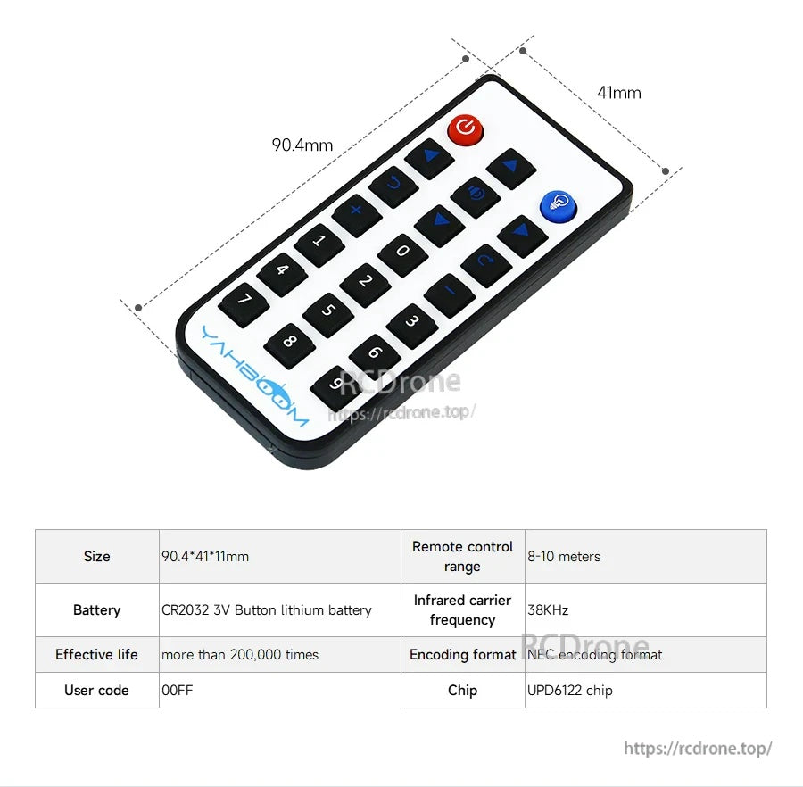 Advanced version dimensions and parameters: 90.4×41×11 mm, 8–10 m range, 38 kHz IR carrier