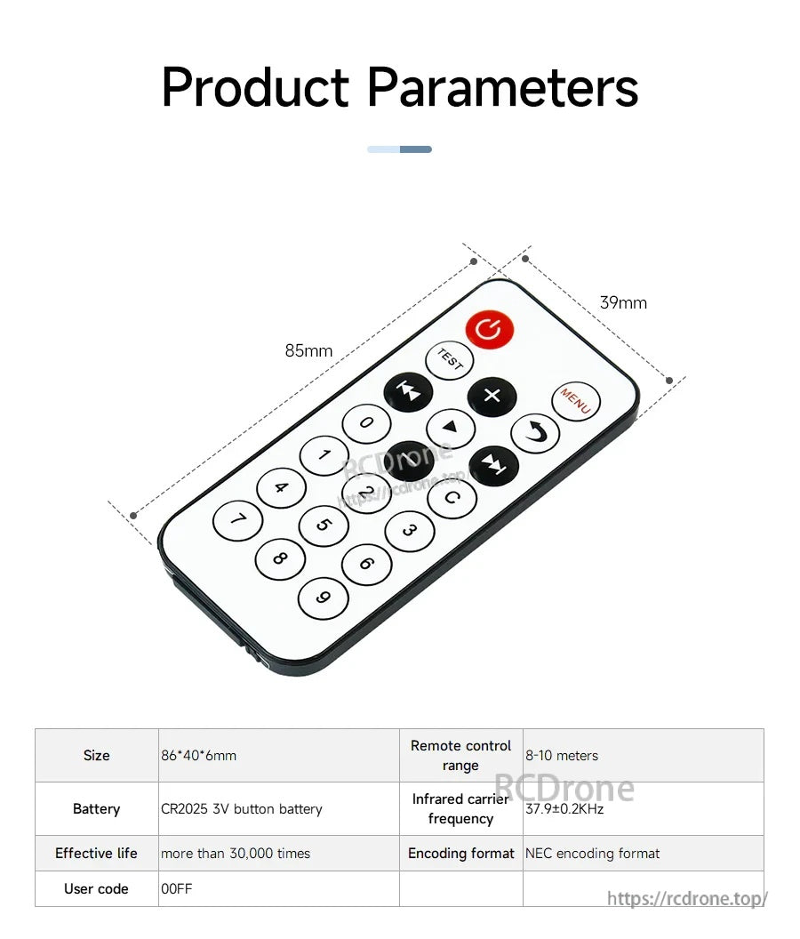 Regular version dimensions and parameters: 86×40×6 mm, 8–10 m range, 37.9 kHz IR carrier