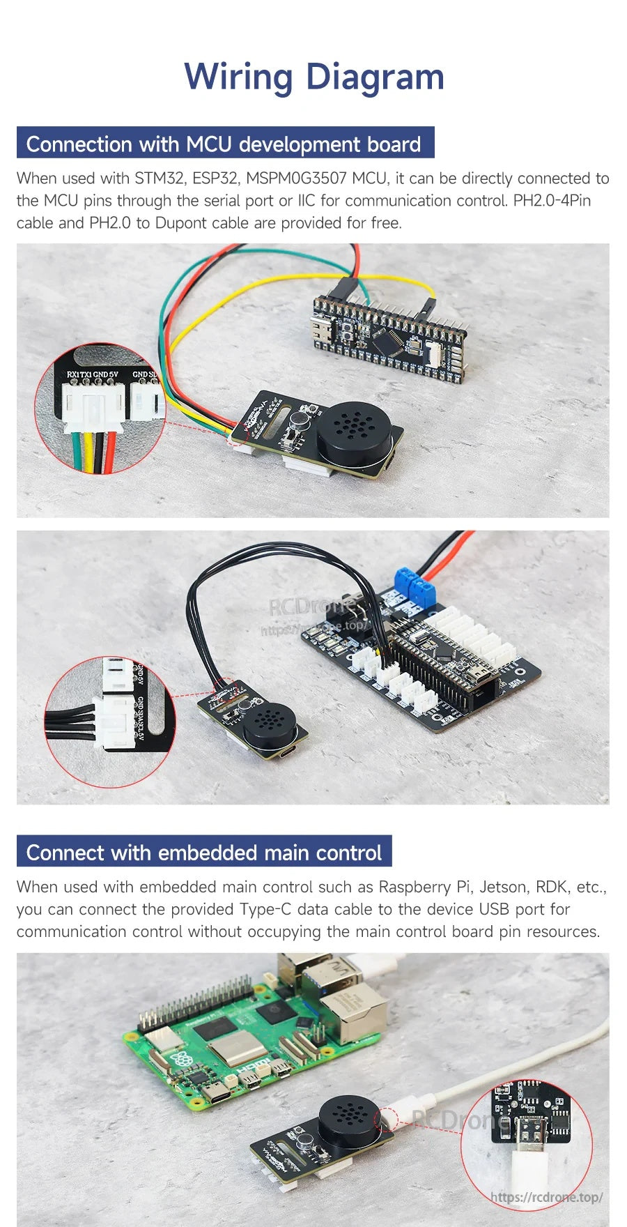 Wiring diagram showing PH2.0-4P connections to STM32/ESP32/MSPM0 and Type-C connection to embedded main control