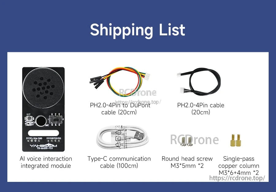 Shipping list for Yahboom CI1302 AI voice interaction module, including Type‑C cable, PH2.0 cables, screws and standoffs