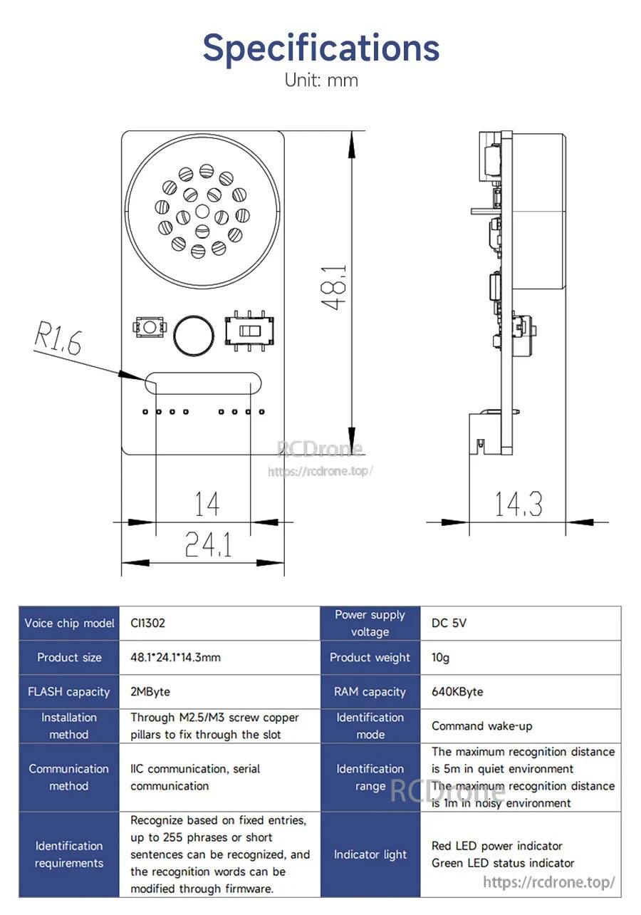 Yahboom CI1302 voice interaction module specs showing 48.1×24.1×14.3 mm size, 5V power, and IIC/UART pins