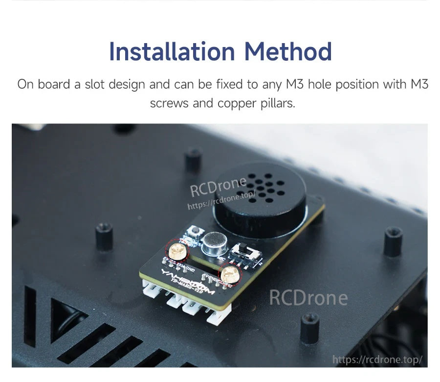 Yahboom CI1302 AI voice interaction module installation method on an M3 mounting position using screws and standoffs