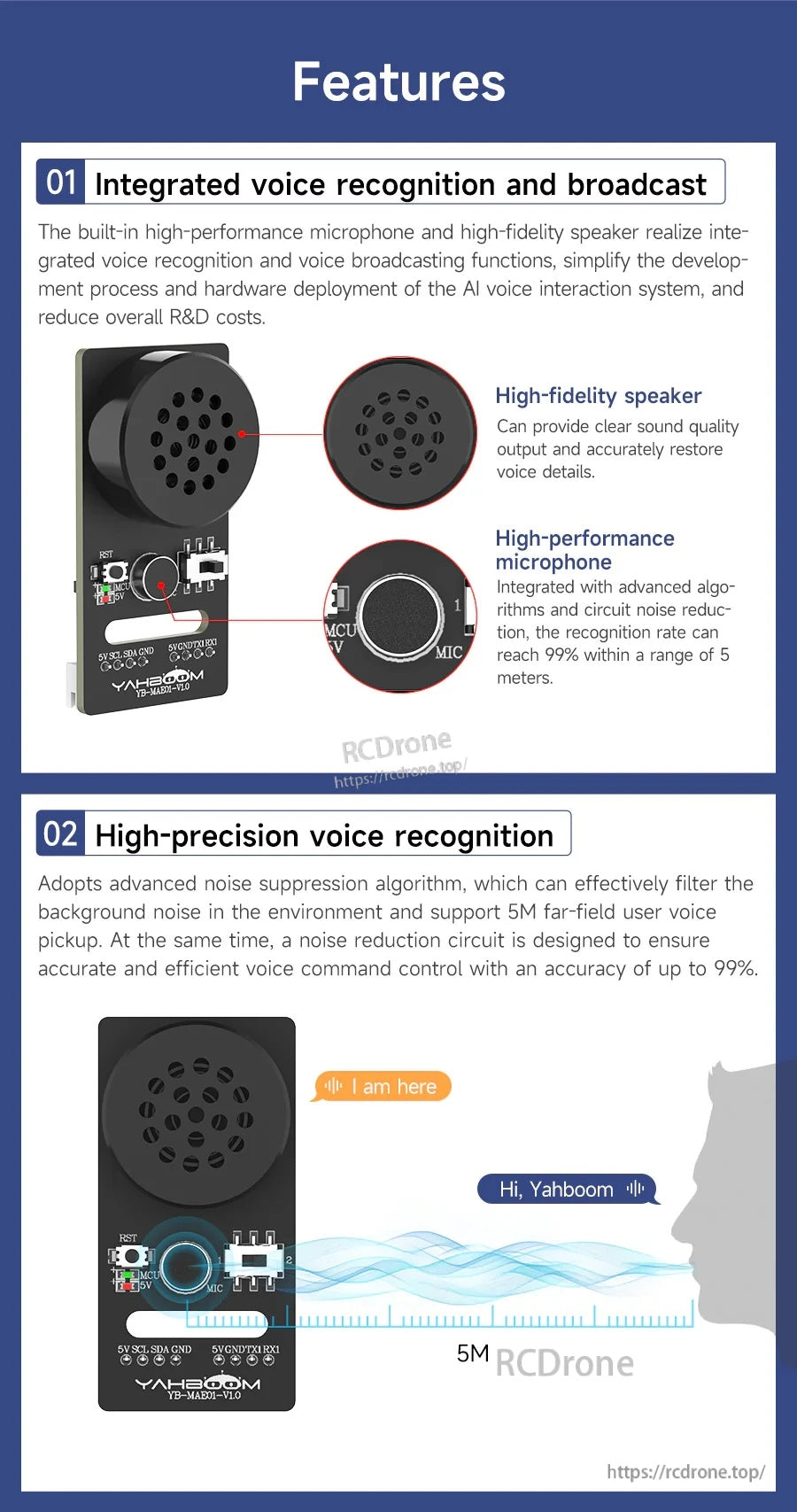 Integrated voice recognition and voice broadcast features, highlighting microphone, speaker, noise reduction and range