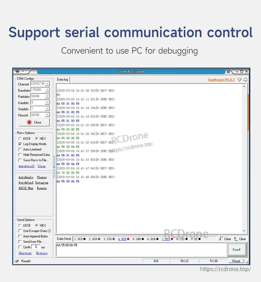 UART serial communication control screenshot for debugging voice command output on a PC terminal tool