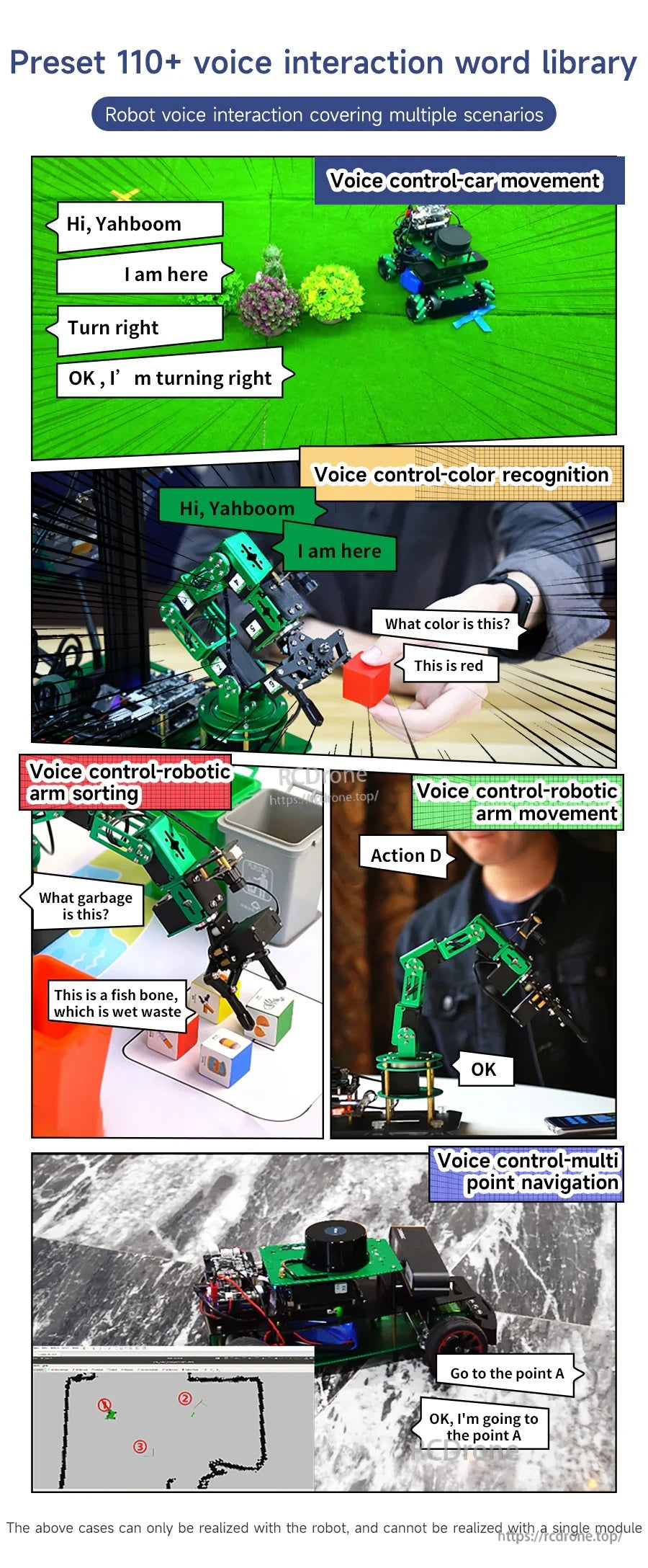 Preset 110+ voice command library examples for robot movement, color recognition, sorting, and navigation scenarios