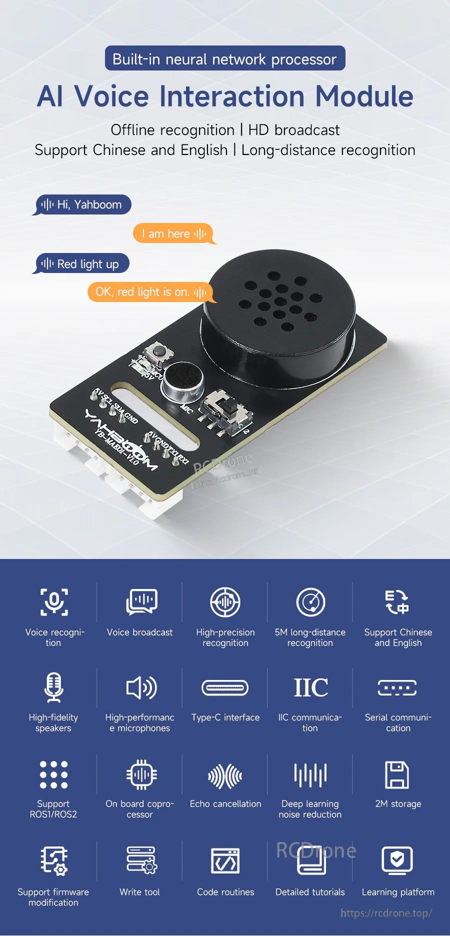 Yahboom CI1302 AI voice interaction module with onboard mic and speaker, supporting offline recognition and broadcast