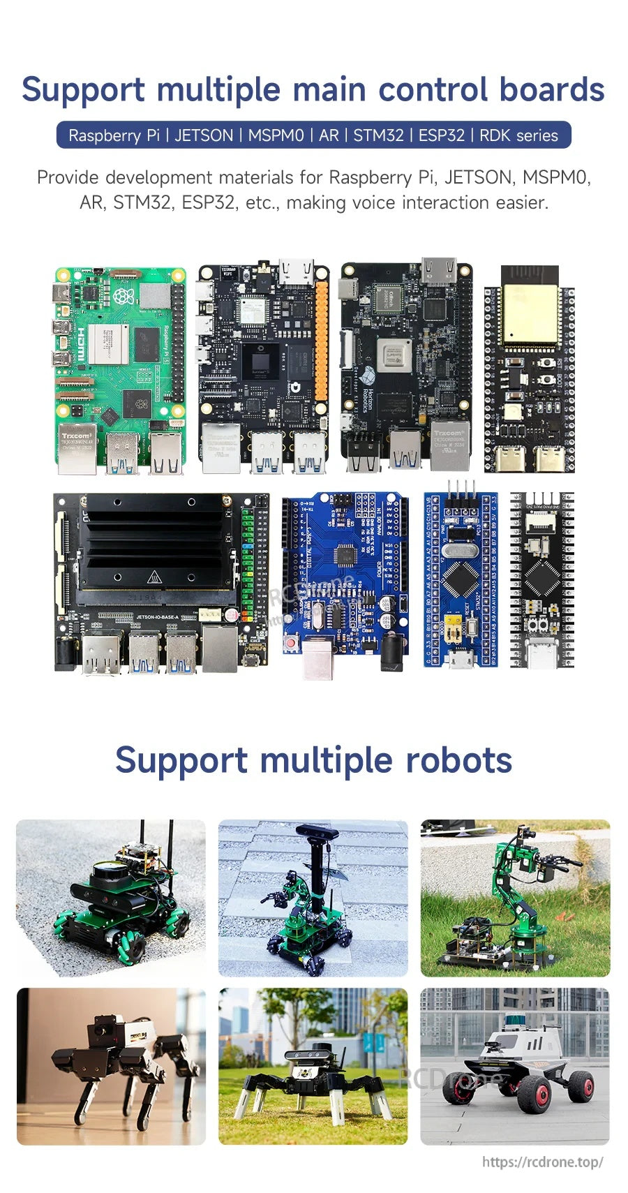 Supported main control boards and robot platforms list for integrating the voice module with popular dev boards