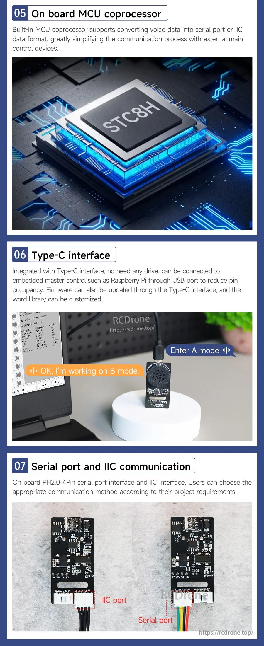 STC8H MCU coprocessor, Type-C firmware update, and IIC/UART serial communication interface options