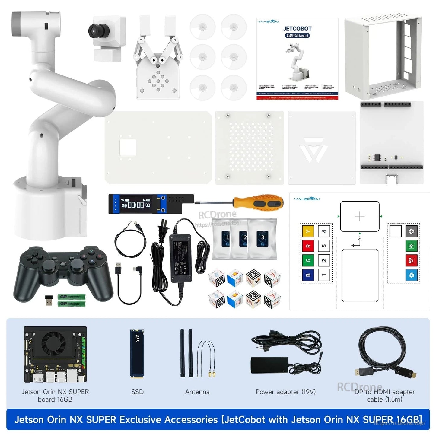 JetCobot kit contents for Jetson Orin NX SUPER 16GB: arm, camera, gripper, controller, SSD, antenna, cables