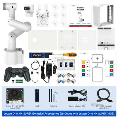 JetCobot kit contents for Jetson Orin NX SUPER 16GB: arm, camera, gripper, controller, SSD, antenna, cables