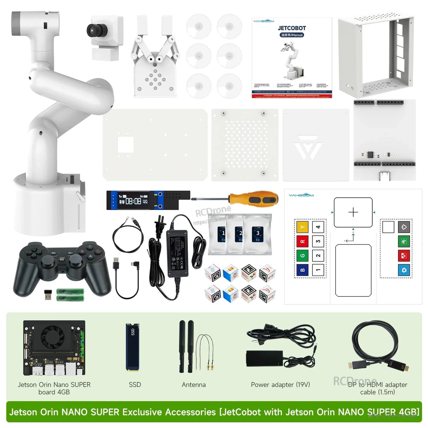 JetCobot kit contents for Jetson Orin Nano SUPER 4GB: arm, camera, gripper, controller, cables, boards, markers