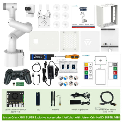JetCobot kit contents for Jetson Orin Nano SUPER 4GB: arm, camera, gripper, controller, cables, boards, markers