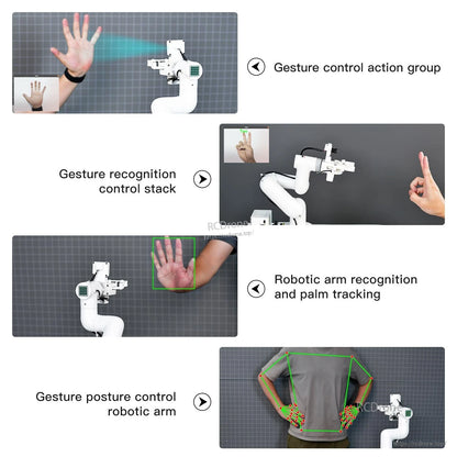 Gesture recognition control examples for JetCobot: action group, palm tracking, posture-based robotic arm control