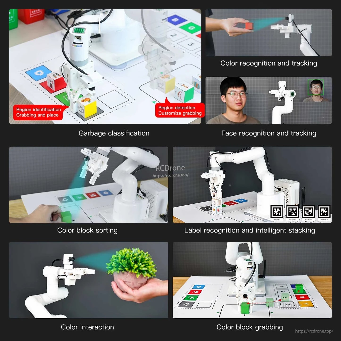 JetCobot visual robot arm demo montage: color tracking, block sorting, label recognition, stacking and grasping