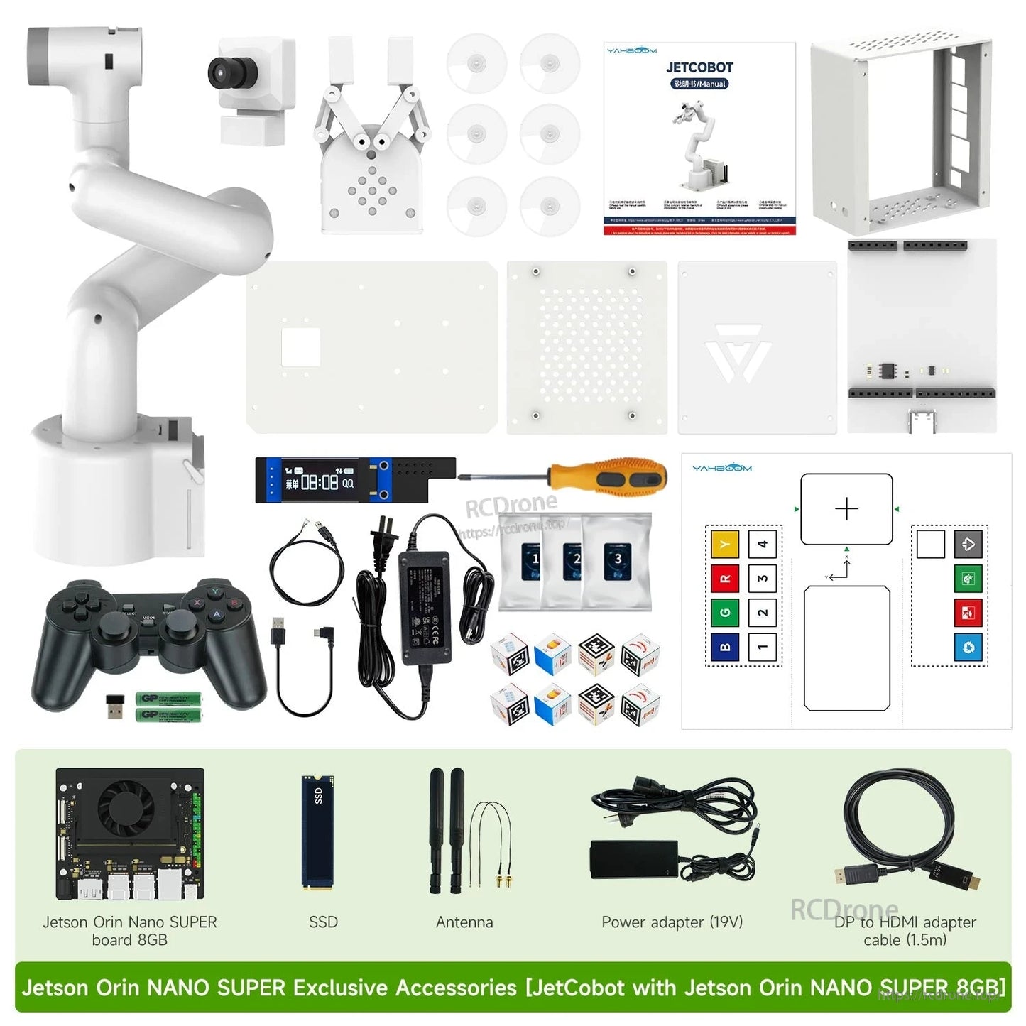 JetCobot kit contents for Jetson Orin Nano SUPER 8GB: arm, camera, gripper, gamepad, power adapter, cables