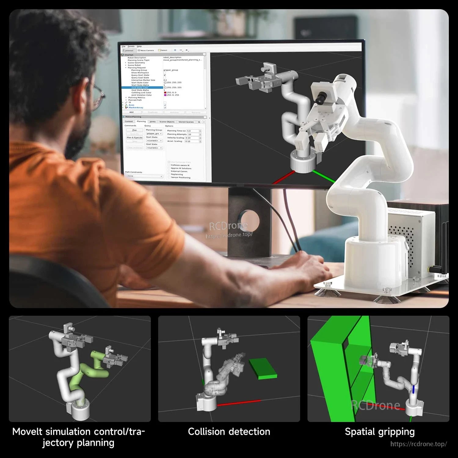 Desktop setup showing JetCobot robotic arm with PC software for MoveIt trajectory planning and collision detection