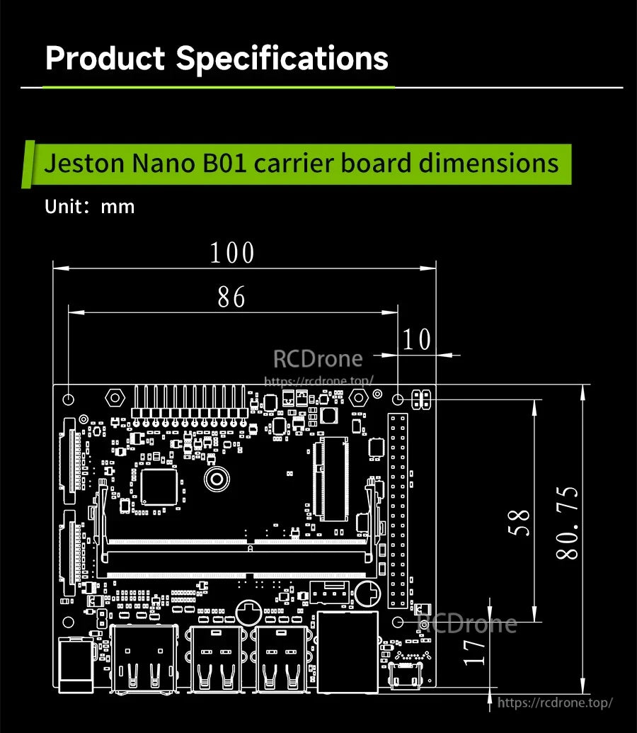 Jetson Nano B01 carrier board dimension drawing in millimeters with mounting hole layout