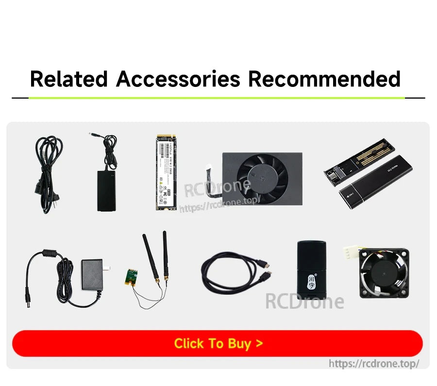 Recommended accessories for Yahboom Jetson carrier board, including power adapter, SSD, antennas, cables, and cooling fan
