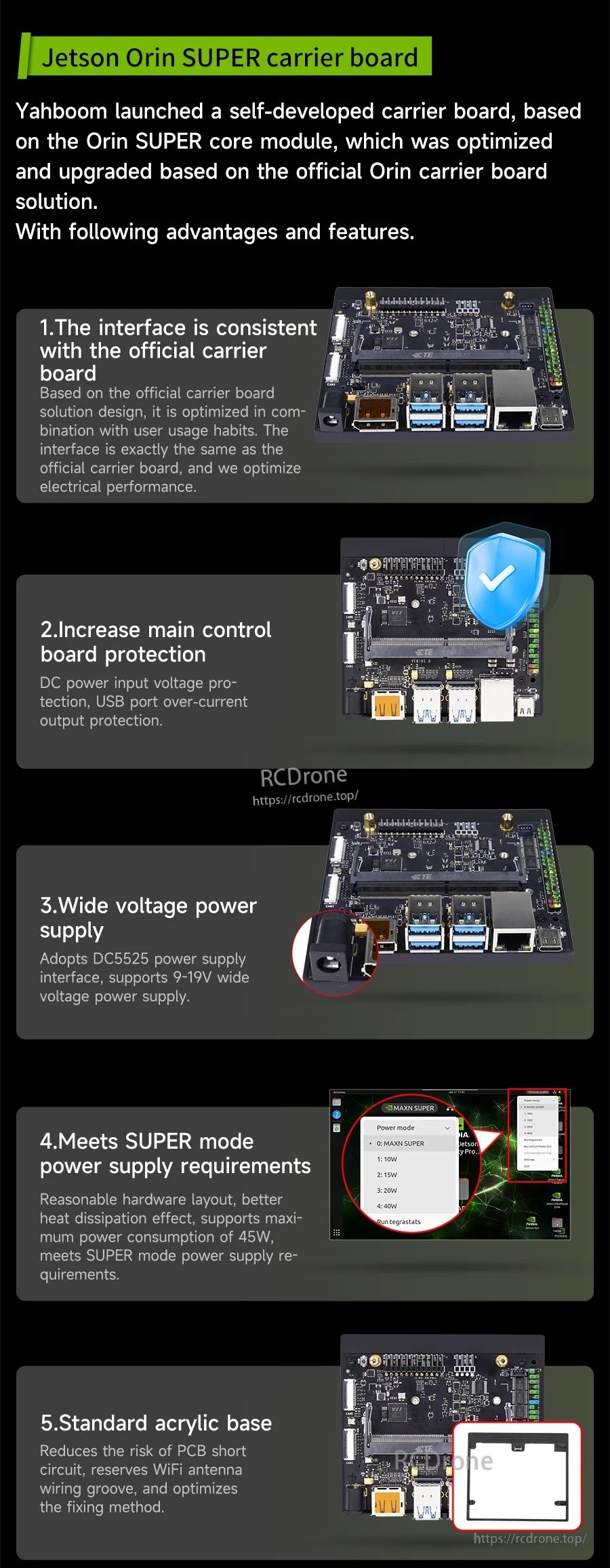 Jetson Orin SUPER carrier board feature highlights: official-layout interfaces, main control protection, wide voltage