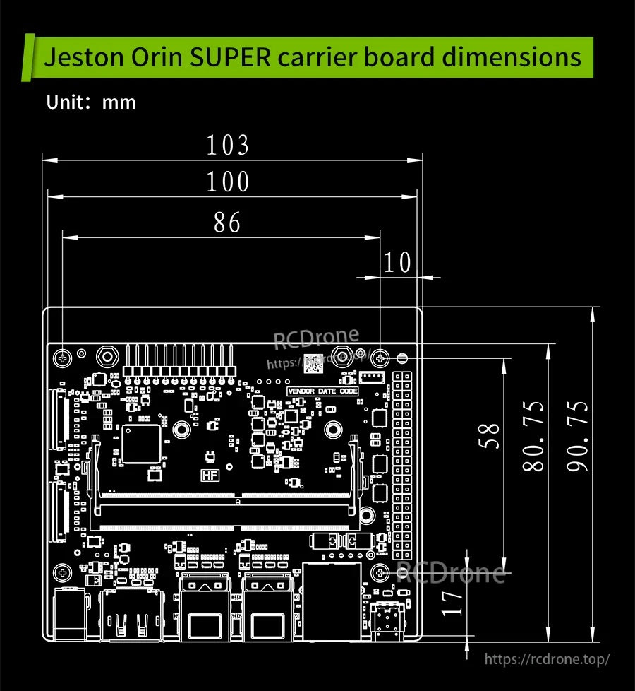 Jetson Orin SUPER carrier board dimension drawing in millimeters with mounting hole layout